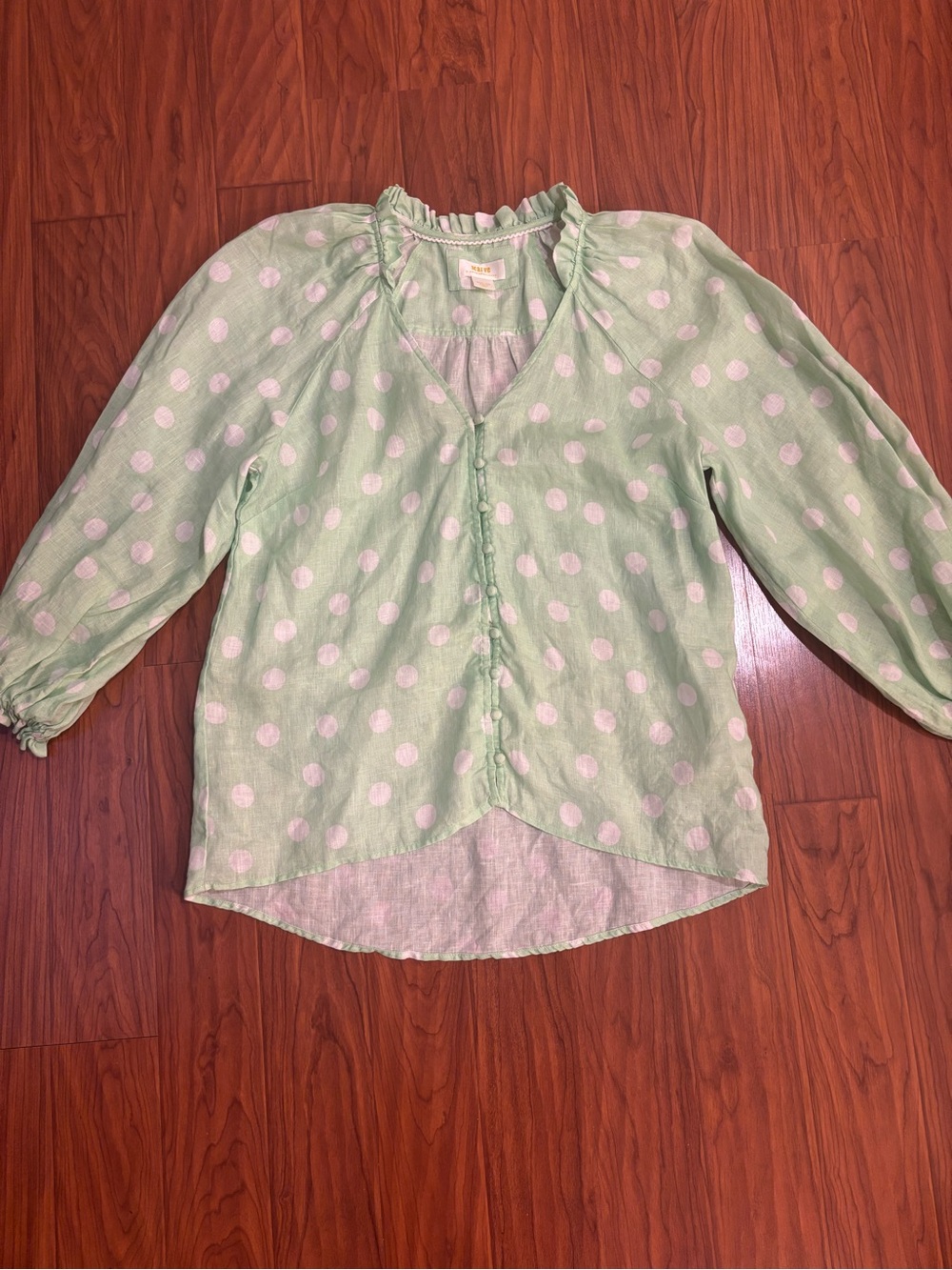 Maeve Anthropologie Audie Linen Puff Sleeve Blouse Lime Green White Dot Medium